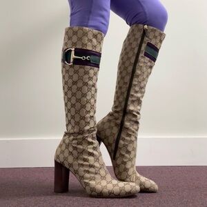 GUCCI GG Signature Monogram Horsebit Canvas Supreme Knee High Boots Sz 10